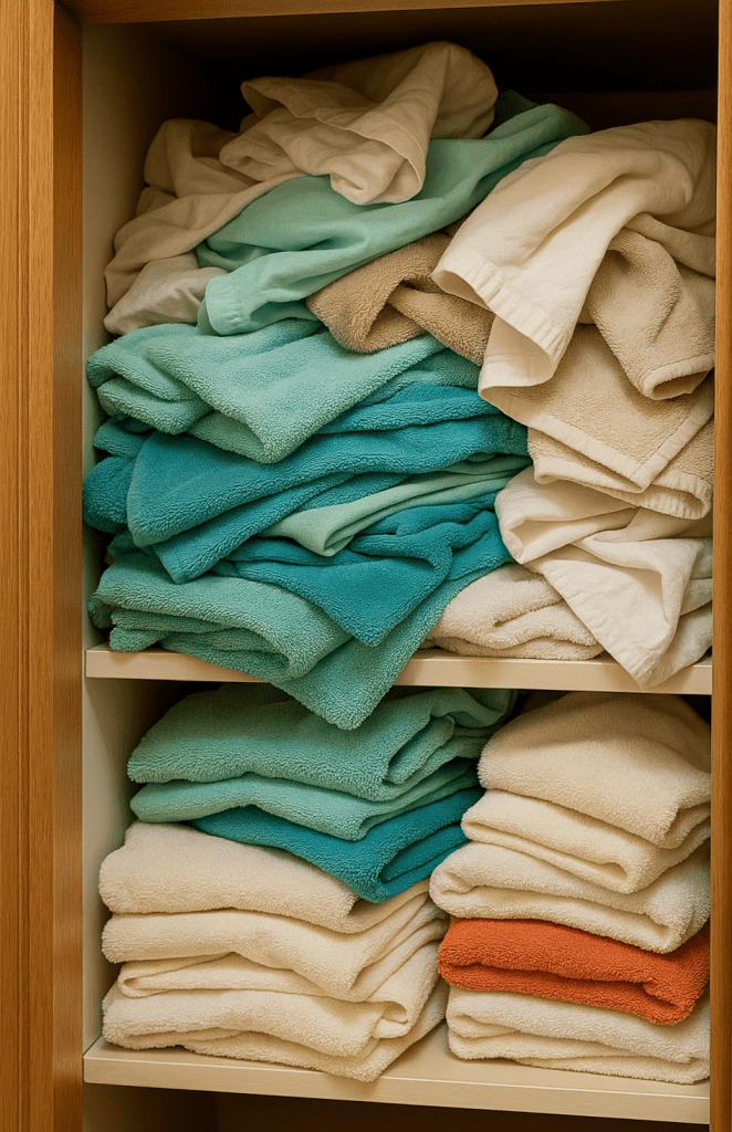 Cluttered linen closet stuffed with towels Cluttered linen closet stuffed with towels