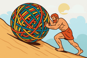 Sisyphus rolling a rubber band ball up a hill