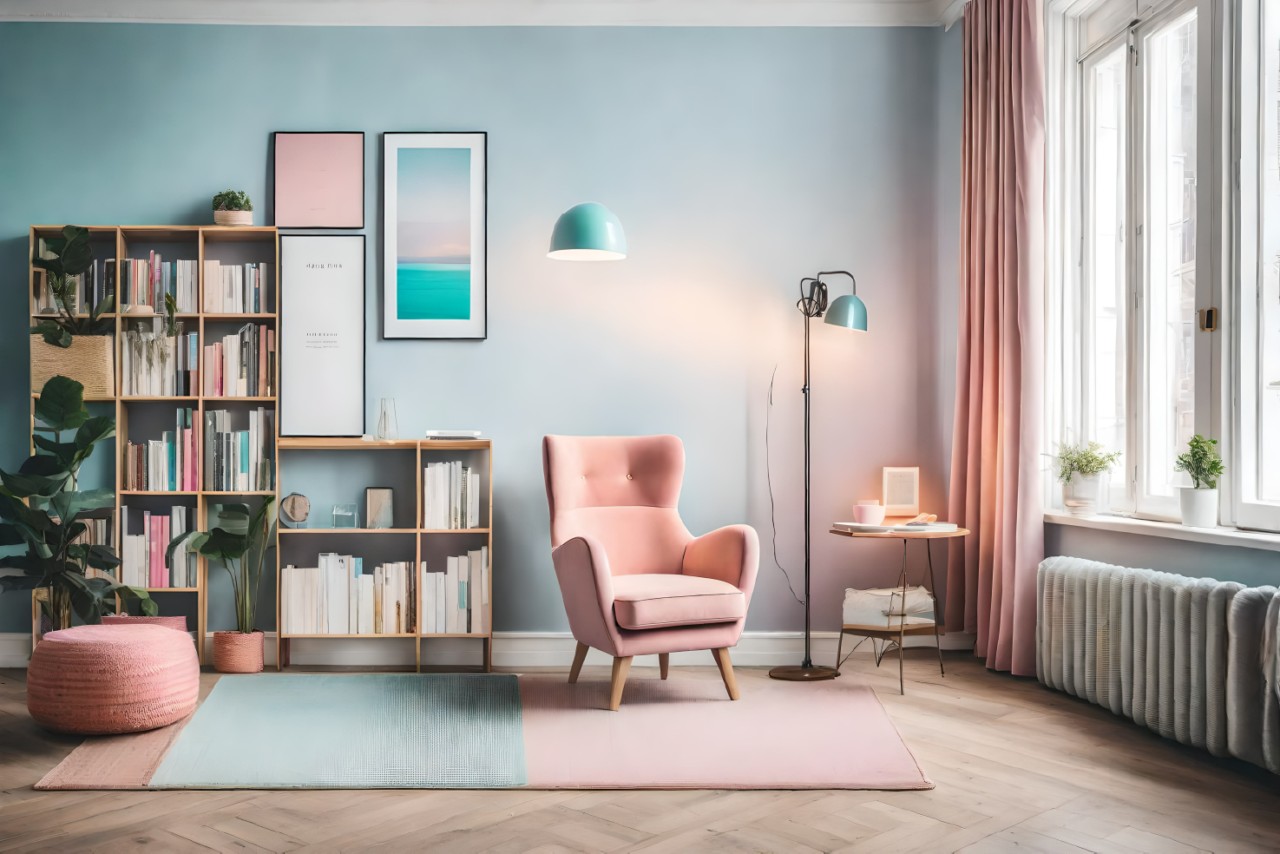 Patel colored living room with pink chair facing window