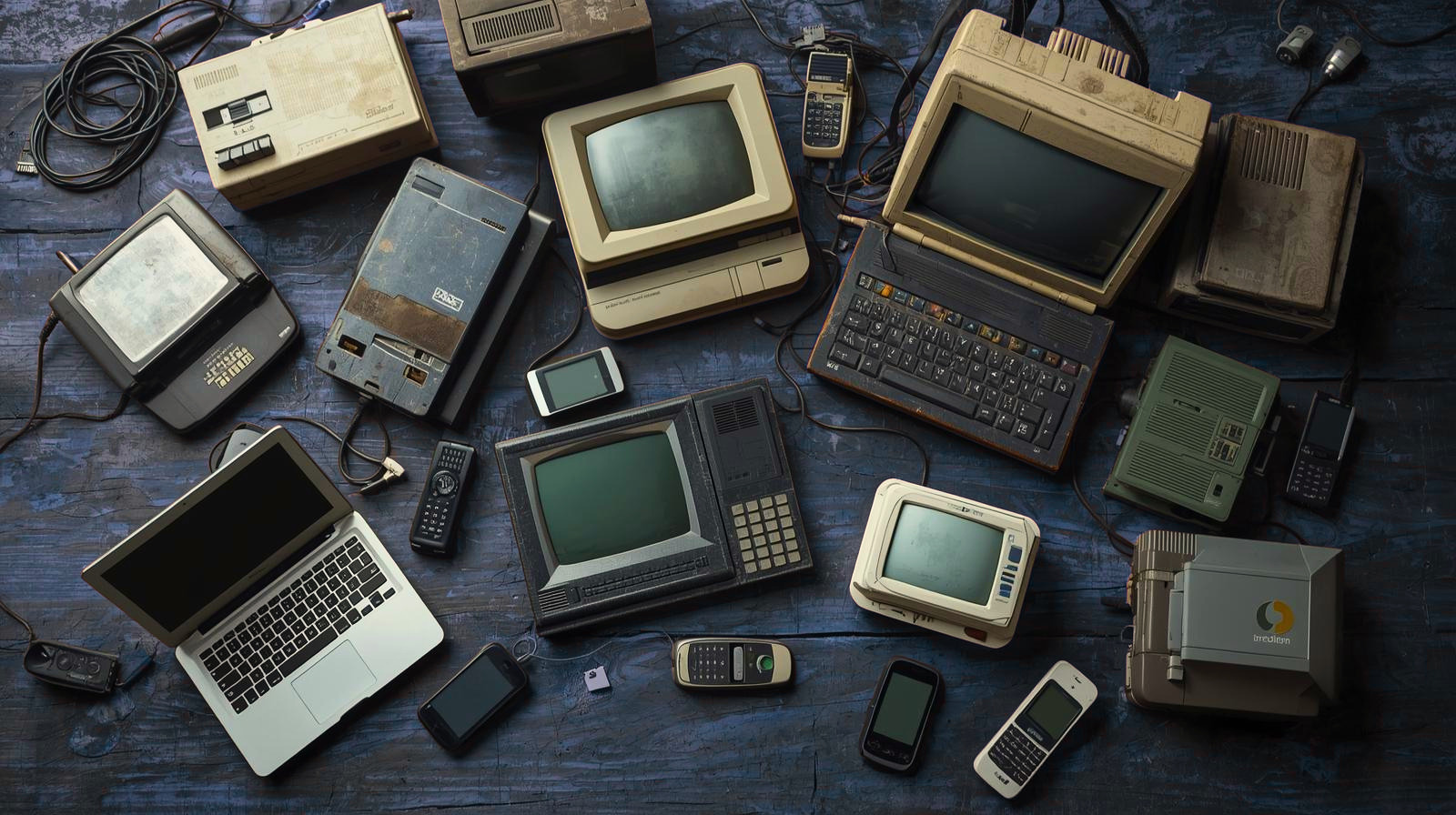 Old computers, old mobile phones andn a laptop on workbench
