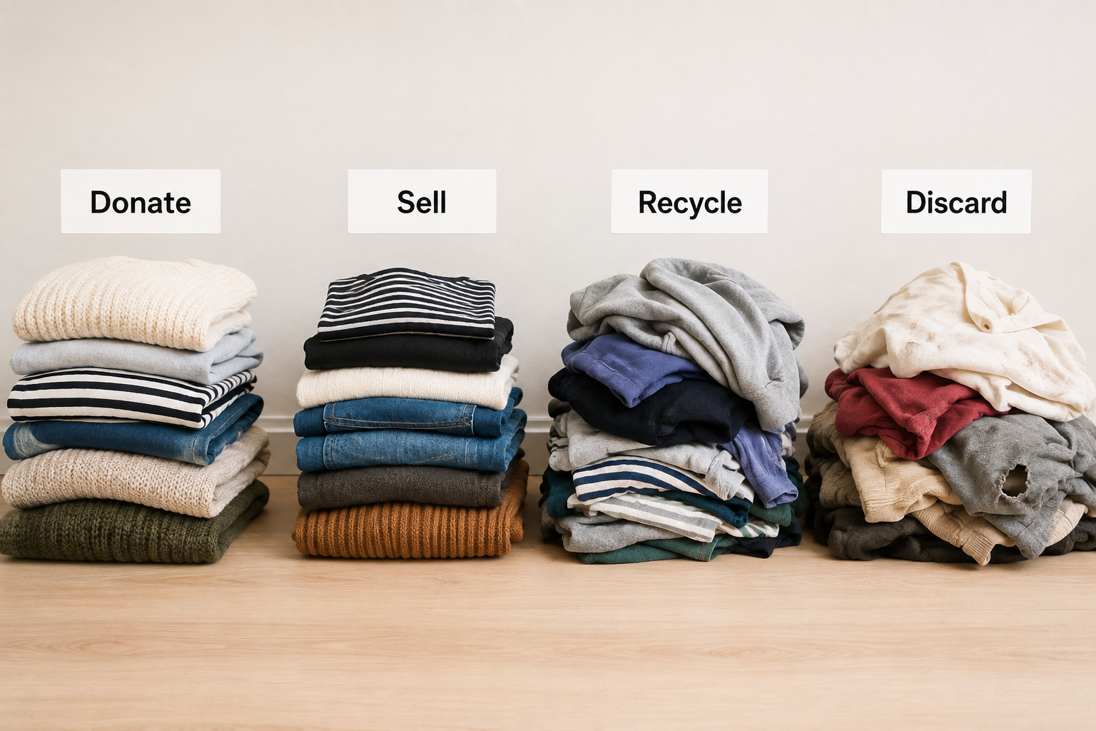 Clothing piles labeled sell discard, recycle dispose
